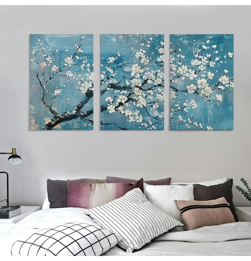 Wall Art for Living Room Teal Plum Blossom Canvas Wall Pictures for Bedroom Wall Decor large Framed Floral Canvas Prints Artwork Home Wall Decorations Ready to Hang Framed