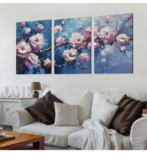 Pink Flowers Canvas Wall Art Plum Blossom Pictures for Living Room Home Office Bedroom Decor Modern Floral Print Gallery Wrapped Artwork Flower Tree Framed Posters Paintings