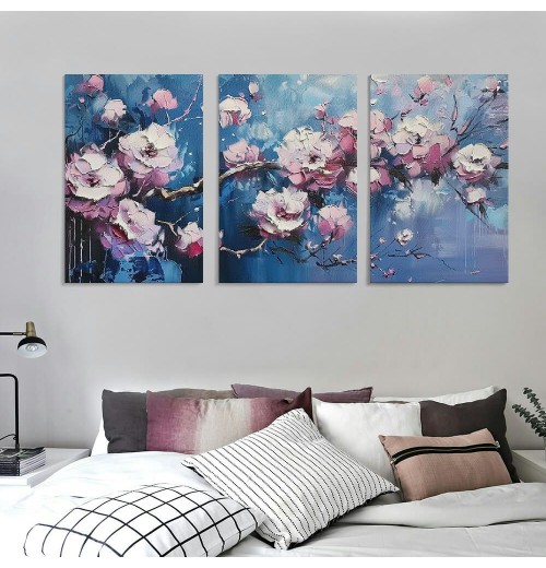 Pink Flowers Canvas Wall Art Plum Blossom Pictures for Living Room Home Office Bedroom Decor Modern Floral Print Gallery Wrapped Artwork Flower Tree Framed Posters Paintings