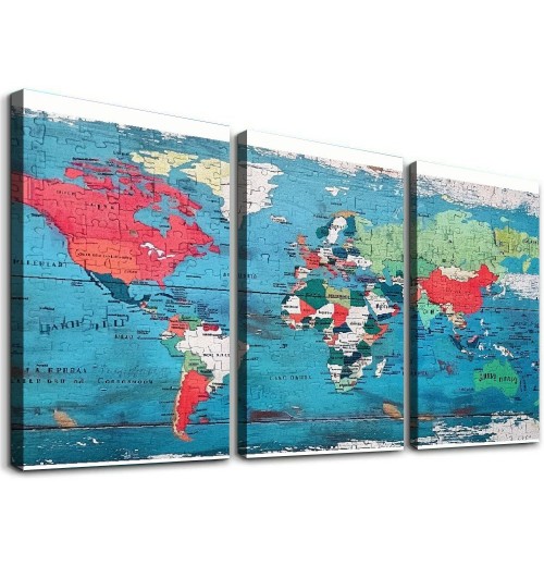 World Map Pictures Canvas Wall Art for Living Room Bedroom or Bathroom Wall Decor,Wall Map Wall Art Print Paitnings for Home Decor,World Map Waterproof Stretched Ready to Hang