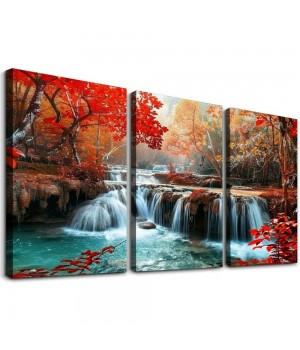 Wall Art Decor Canvas Print Picture Red Forest Waterfalls Landscape Tree for Living Room Office Home Decorations Stretched and Framed Ready to Hang