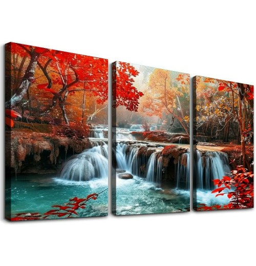 Wall Art Decor Canvas Print Picture Red Forest Waterfalls Landscape Tree for Living Room Office Home Decorations Stretched and Framed Ready to Hang