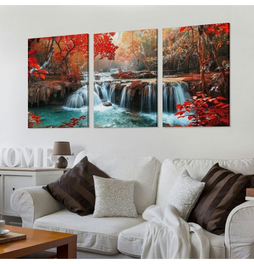 Wall Art Decor Canvas Print Picture Red Forest Waterfalls Landscape Tree for Living Room Office Home Decorations Stretched and Framed Ready to Hang