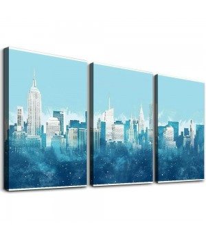 New York Wall Art - Abstract City Skyline Canvas Pictures for Living Room Bedroom Decor Aesthetic Artwork Teal Blue Navy Canvas Prints for Bedroom Home Office Wall Decor