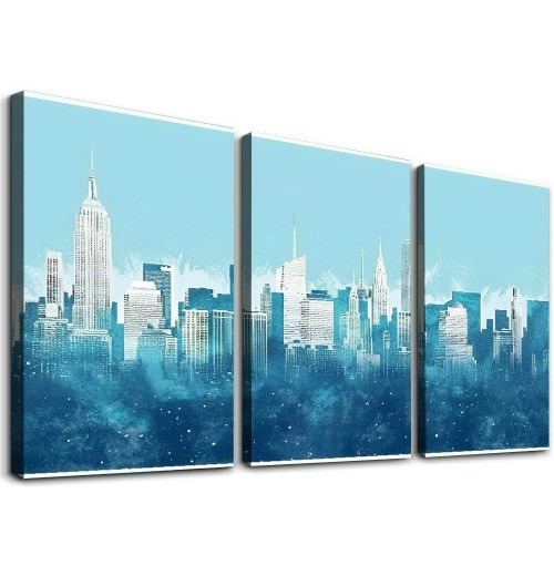 New York Wall Art - Abstract City Skyline Canvas Pictures for Living Room Bedroom Decor Aesthetic Artwork Teal Blue Navy Canvas Prints for Bedroom Home Office Wall Decor