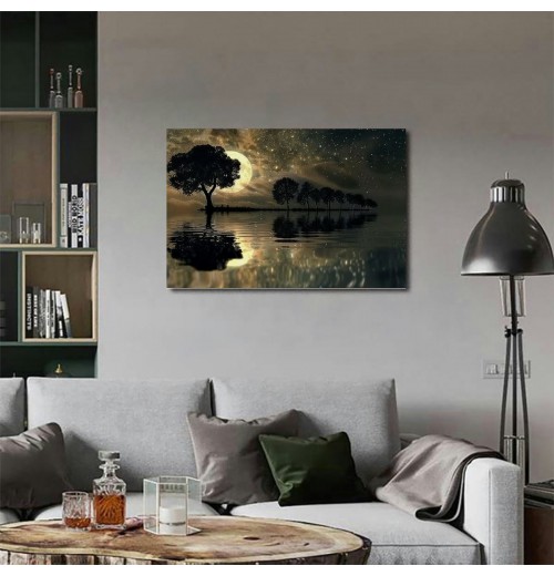 Lake Scenery Canvas Wall Art Hanging Picture Home Decoration Moon Tree Wall Decoration Artwork Bedroom Living Room Decoration