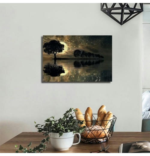 Lake Scenery Canvas Wall Art Hanging Picture Home Decoration Moon Tree Wall Decoration Artwork Bedroom Living Room Decoration