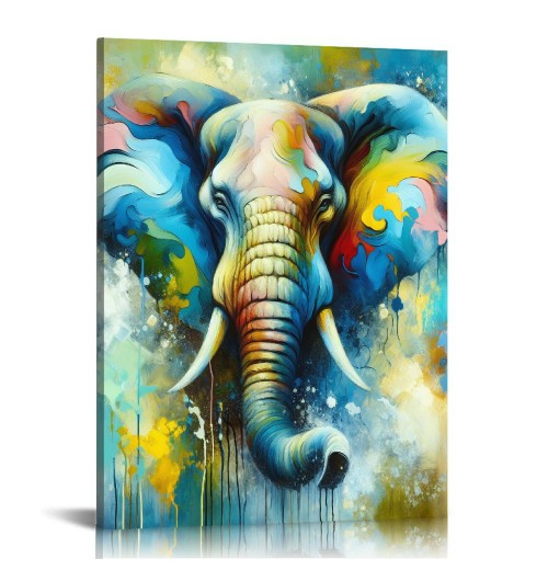 Elephant Picture Wall Art Colorful Animal Canvas Wall Art Modern Wildlife Artwork for Bathroom Bedroom Office Living Room Paintings Decorations Ready to Hang