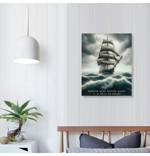 Smooth Seas Never Made A Skilled Sailor Motivational Wall Art Inspirational Canvas Poster Entrepreneur Quote Picture Home Office Decor Painting Framed and Stretched Ready to Hang